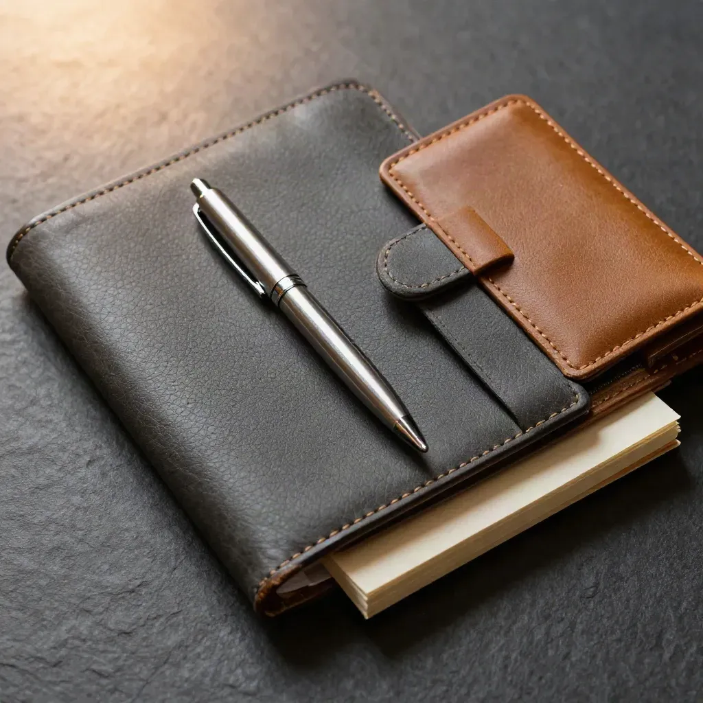 Closed folio, pen, card wallet and note stack on brushed slate in soft light.