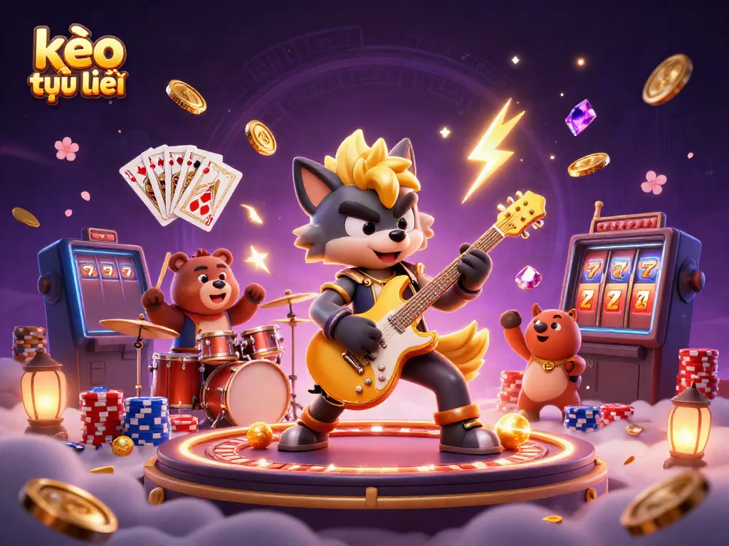 Experience thrilling kèo trực tuyến action with a vibrant 3D casino scene featuring a rocking wolf and wild drummer bear.