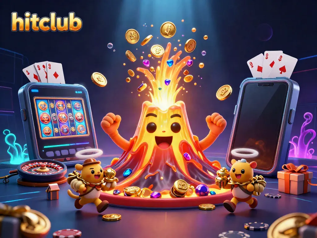 Experience the excitement of hitclub with our whimsical golden volcano erupting treasures, amidst vibrant gambling elements.