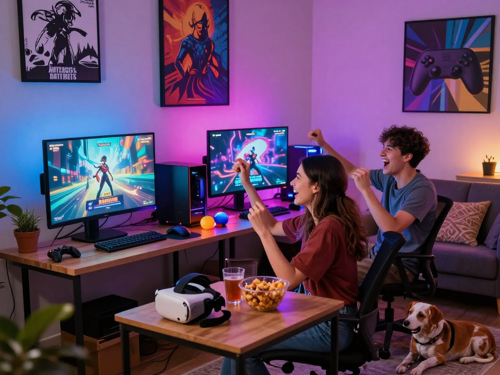 Young adults playing a porn game in a cozy apartment with vibrant lighting.