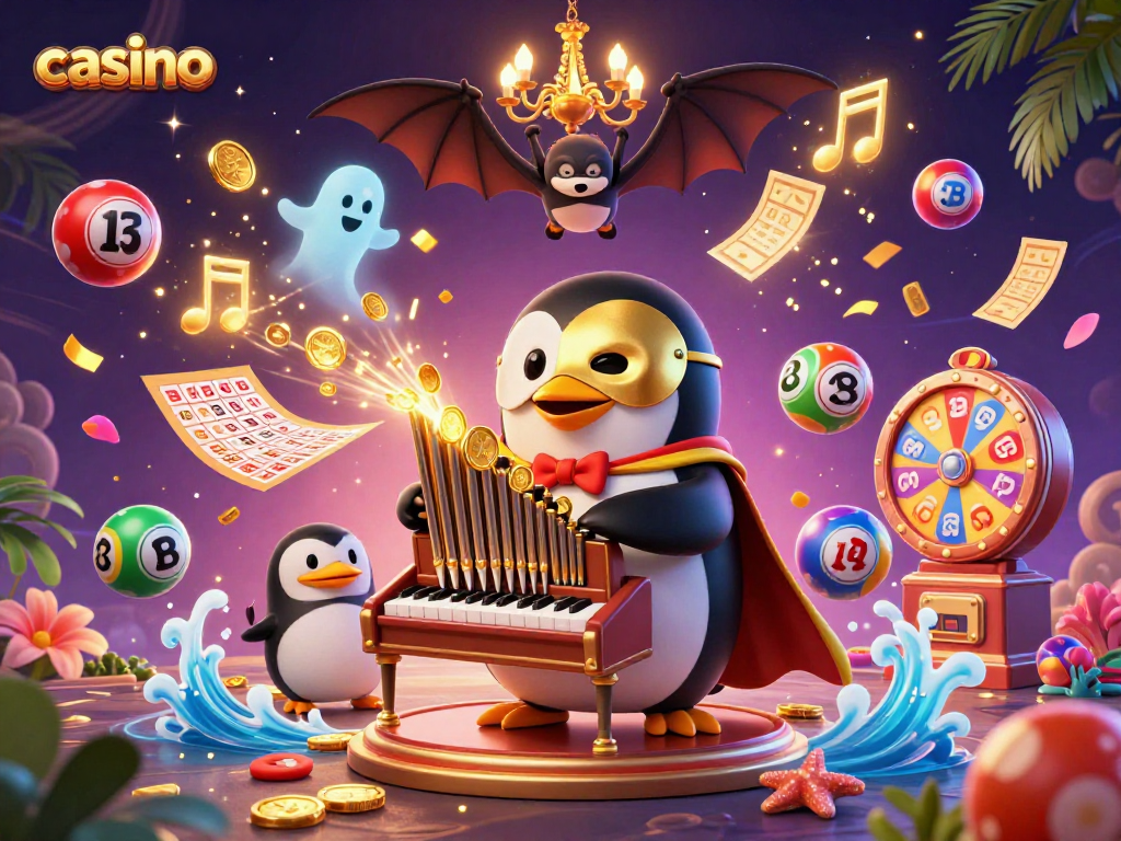 Engaging casino scene with a penguin playing organ, colorful lottery balls, and festive atmosphere