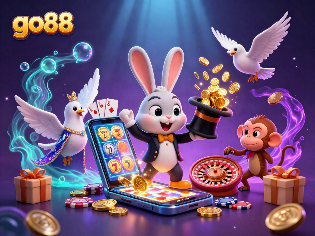 Experience go88's magical casino adventure with a rabbit, dove, and monkey in dynamic action.