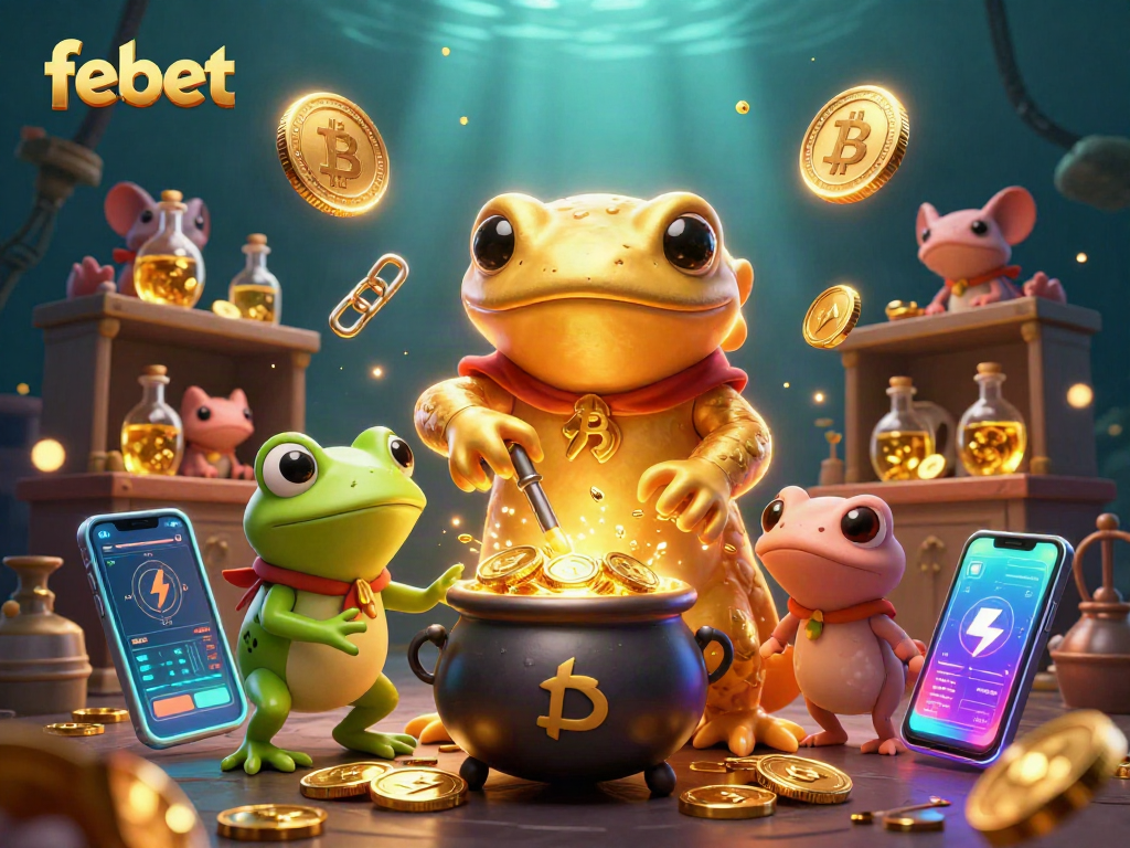 Experience febet's magical gaming adventure with golden alchemist and crypto elements.