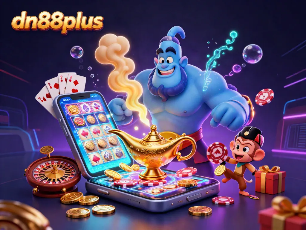Win exciting jackpots at dn88plus with vibrant casino games and colorful characters in this captivating scene.