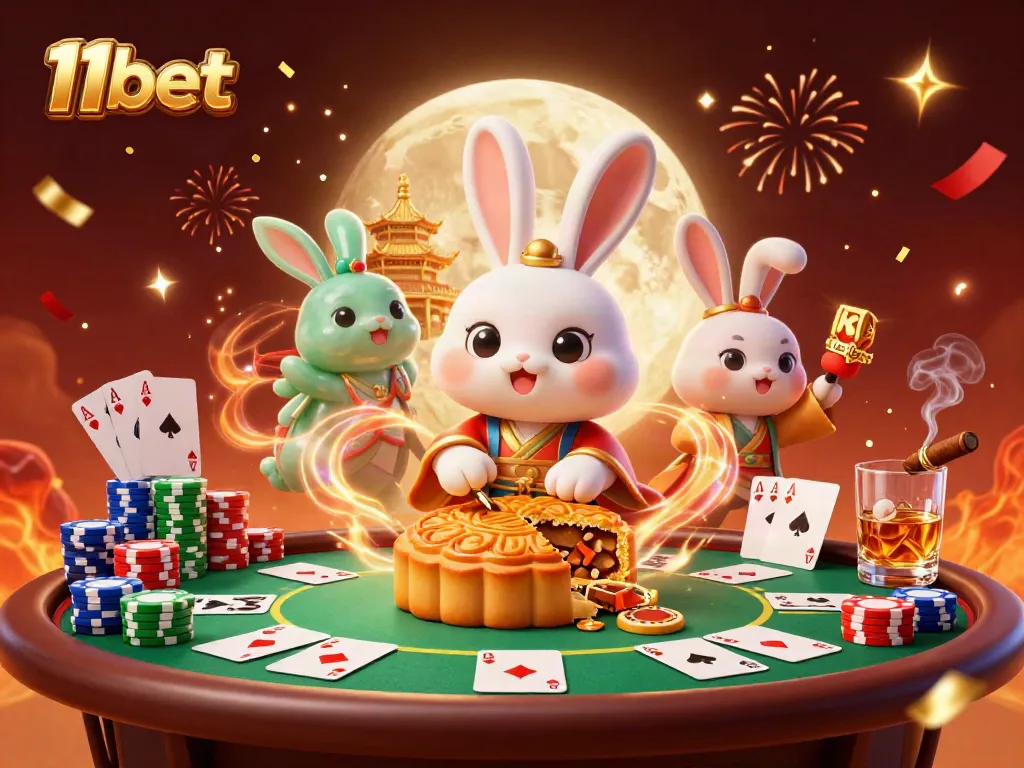 11bet themed 3D illustration showcasing a moon rabbit playing poker surrounded by vibrant casino elements.