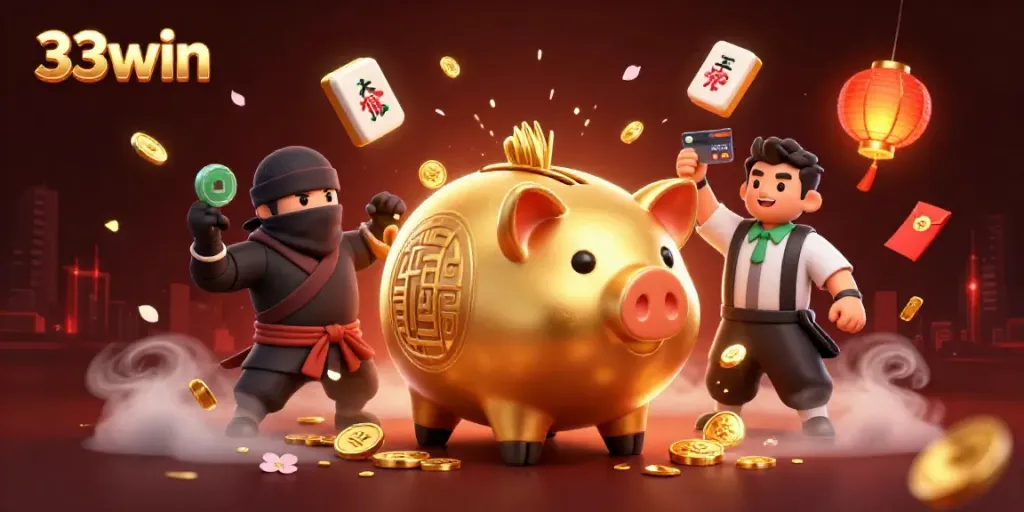 33win features a dynamic 3D casino scene with a lively piggy bank sumo wrestler and colorful gambling elements.