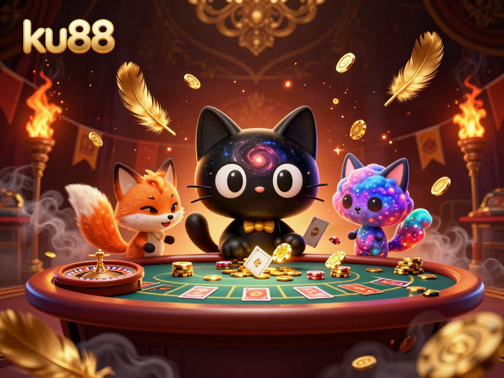 ku88 showcases an enchanting cosmic casino scene with a black hole cat and fox, swirling chips and dramatic lighting.