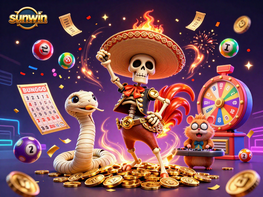 Experience excitement with sunwin as a vibrant casino scene featuring lottery balls, confetti, and lively characters.