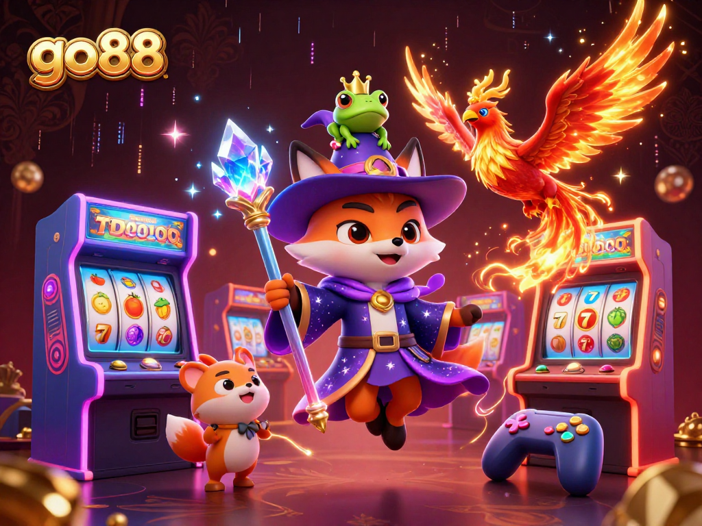 Engage with go88's enchanting wizard fox and phoenix amidst vibrant casino-themed elements.