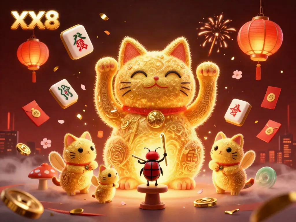 Experience the vibrant energy of XX8 with this dynamic casino-themed illustration featuring a lucky cat and swirling golden fireflies.