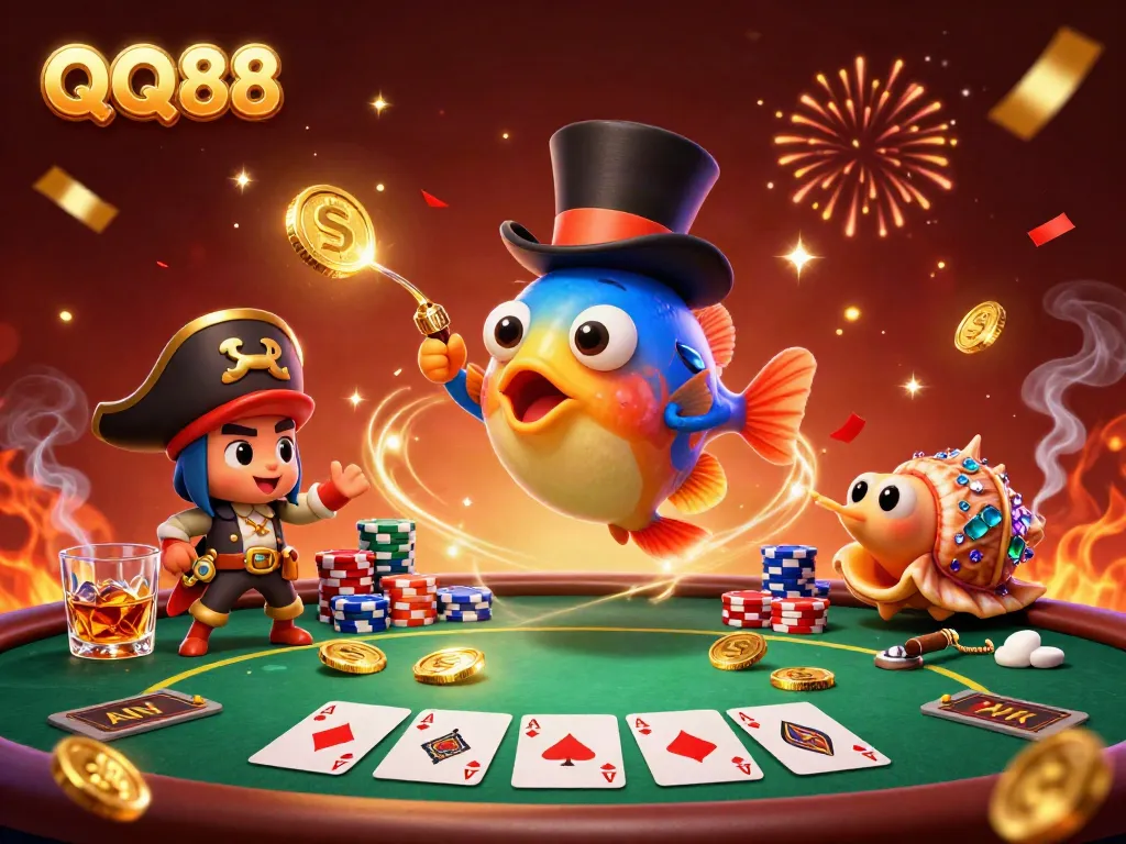 Engaging QQ88 casino experience with animated characters, poker elements, and vibrant confetti<br>