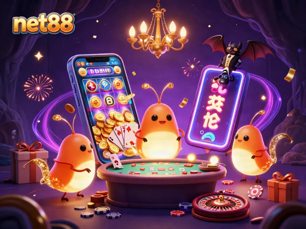 Experience winning strategies at net88 with vibrant, energetic casino-themed illustration.