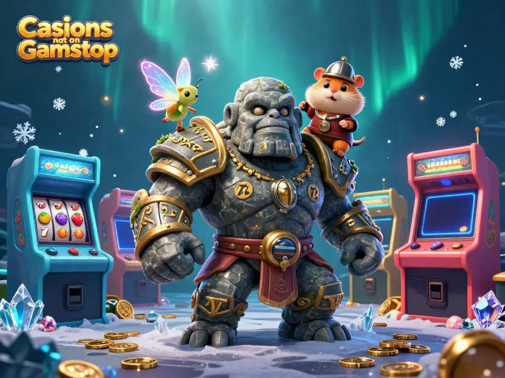 Engaging scene of Casinos not on Gamstop featuring a mystical golem, fairy, and hamster knight amidst vibrant gaming elements.