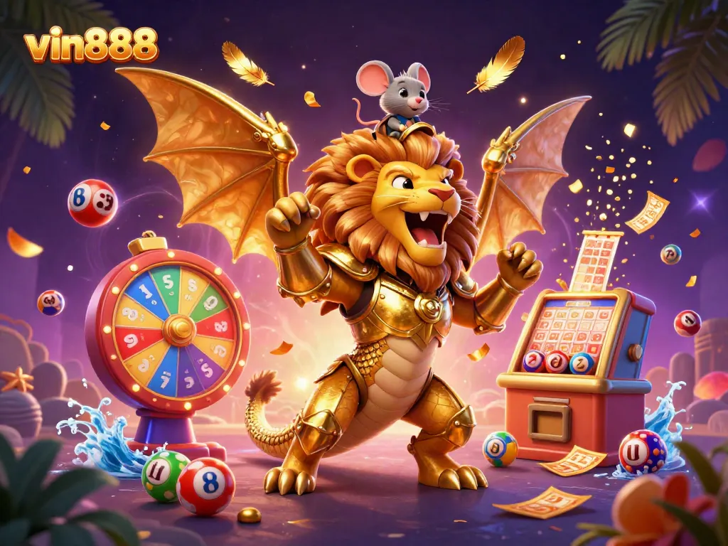 Experience thrilling gaming with vin888, featuring a majestic chimera and dynamic lottery elements.