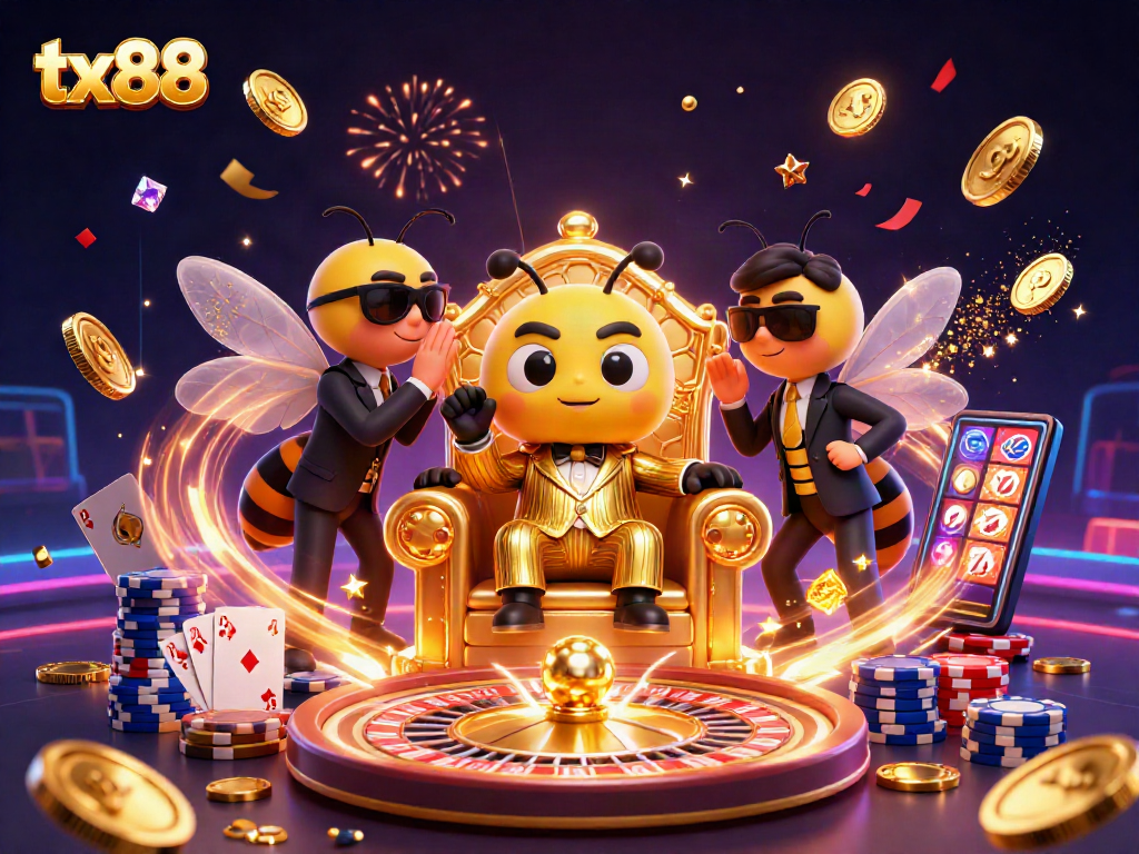 Engage with tx88's vibrant casino scene featuring a playful bumblebee mob boss surrounded by stunning gaming elements.