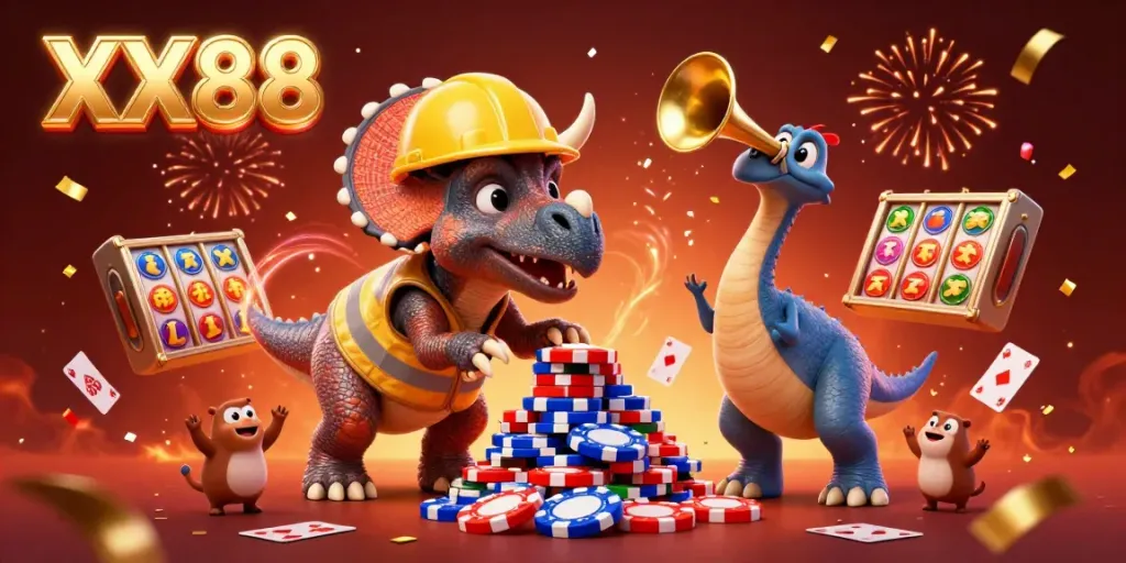 Engage with the exciting XX88 casino scene as triceratops and friends celebrate a jackpot.