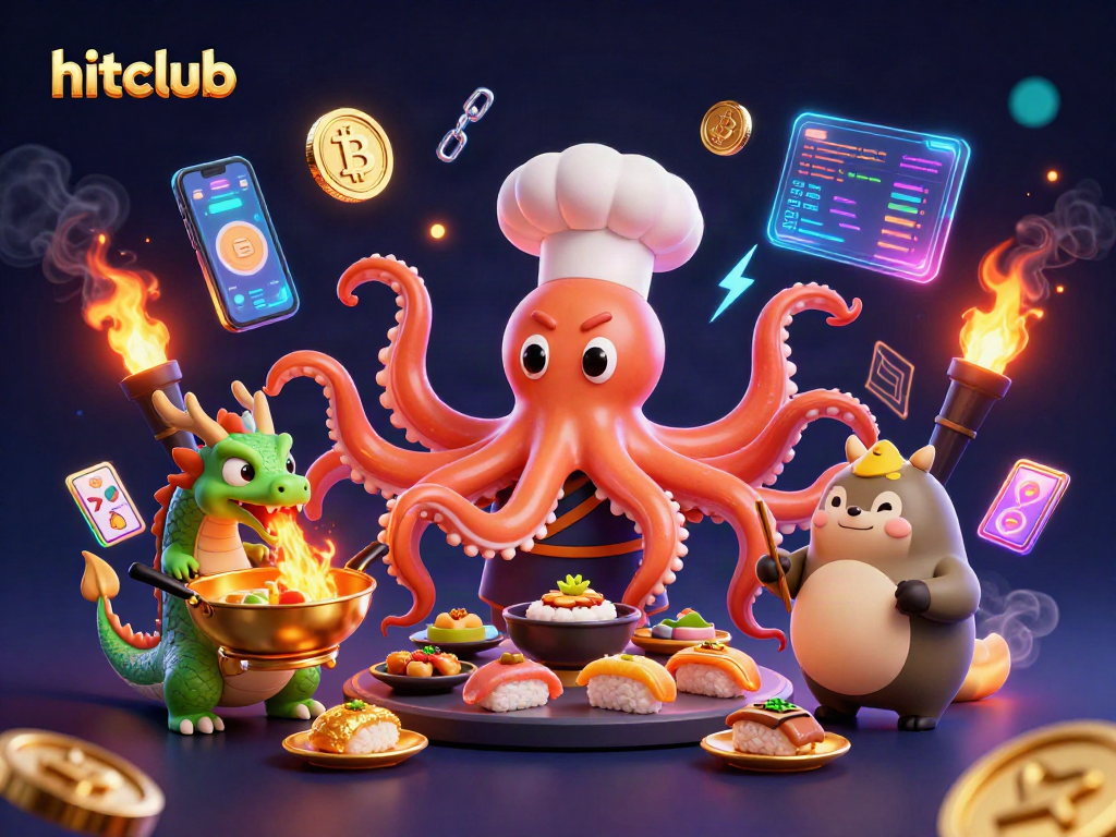 Engage with hitclub's vibrant casino atmosphere featuring a playful octopus chef and crypto elements.