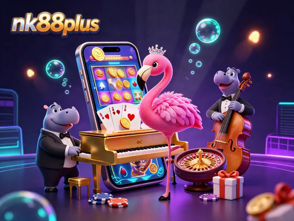 Engage with nk88plus's vibrant casino scene featuring a flamingo singer, hippo bassist, and thrilling slot game action.