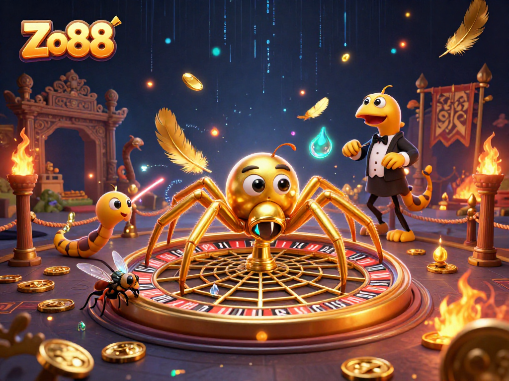 Engage in thrilling roulette action at Zo88, featuring a golden spider dealer and vibrant gaming elements.