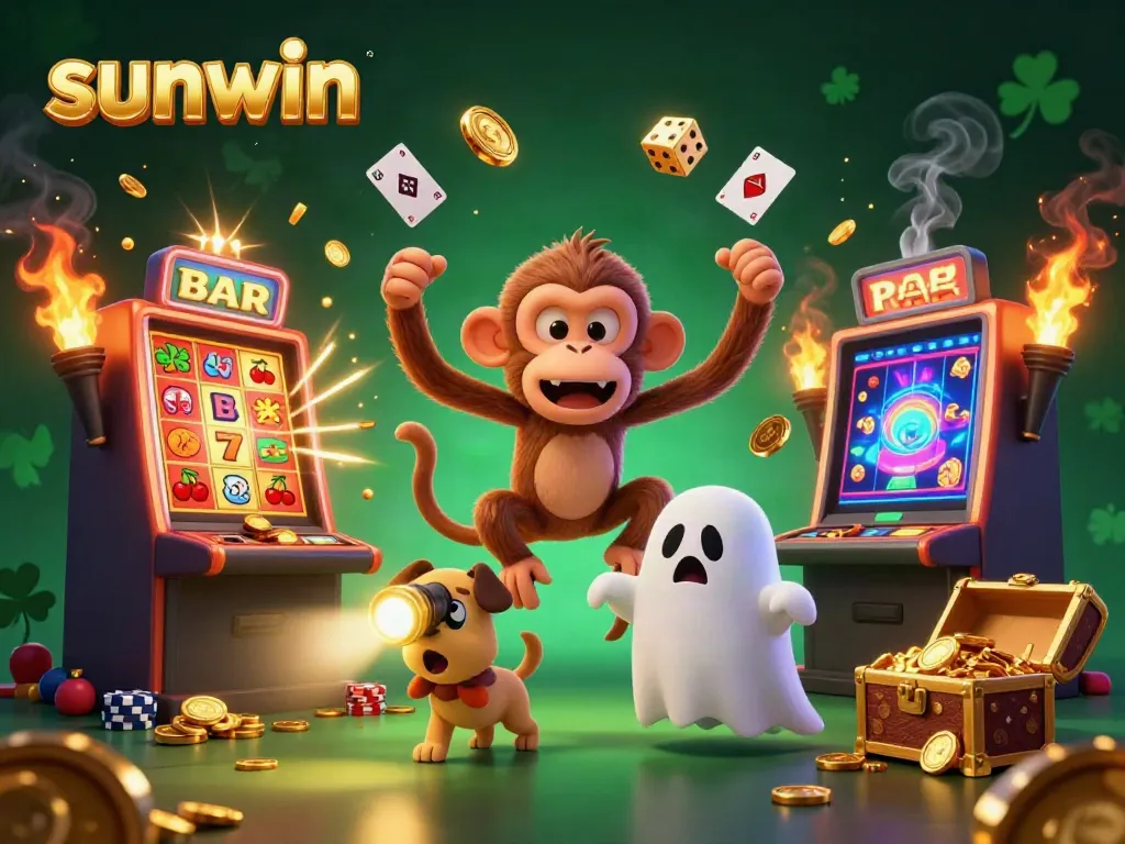 Experience the thrill of sunwin in a lively casino scene with a playful monkey and a curious puppy.