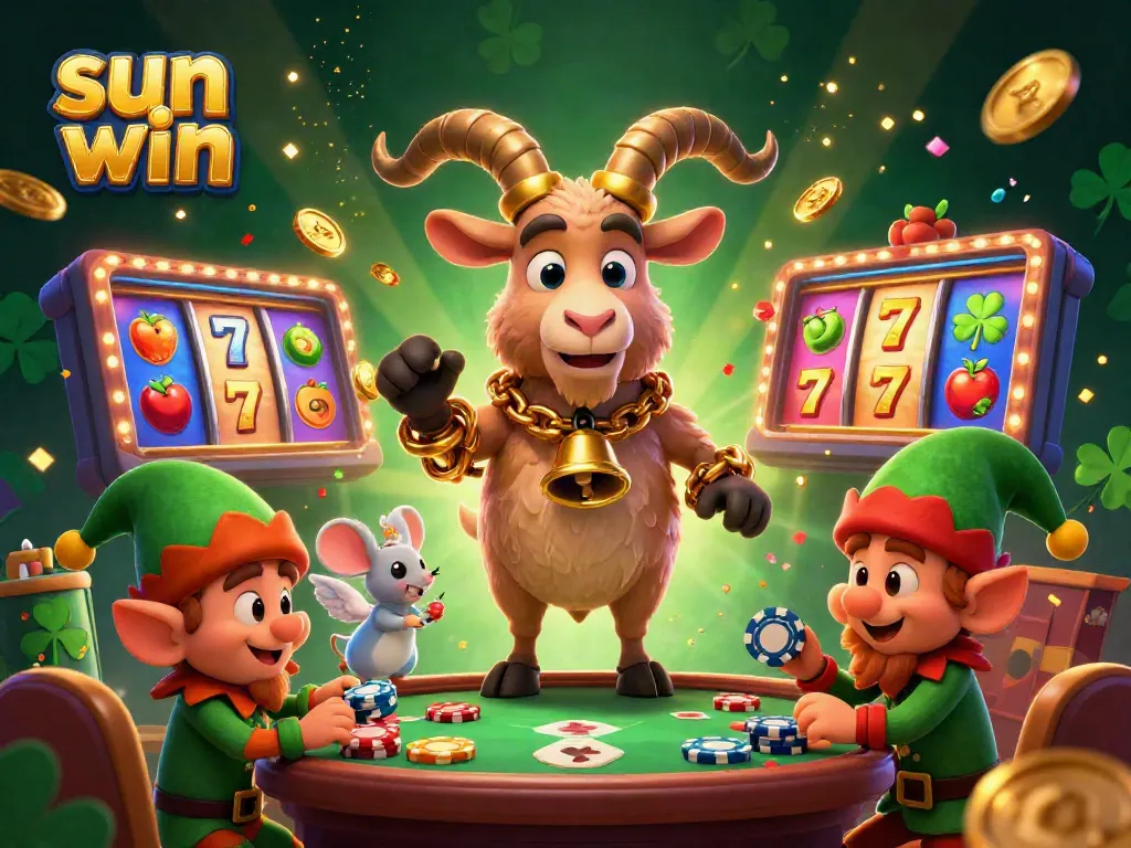 Experience the thrill of sun win casino with festive characters in a vibrant, action-packed scene.