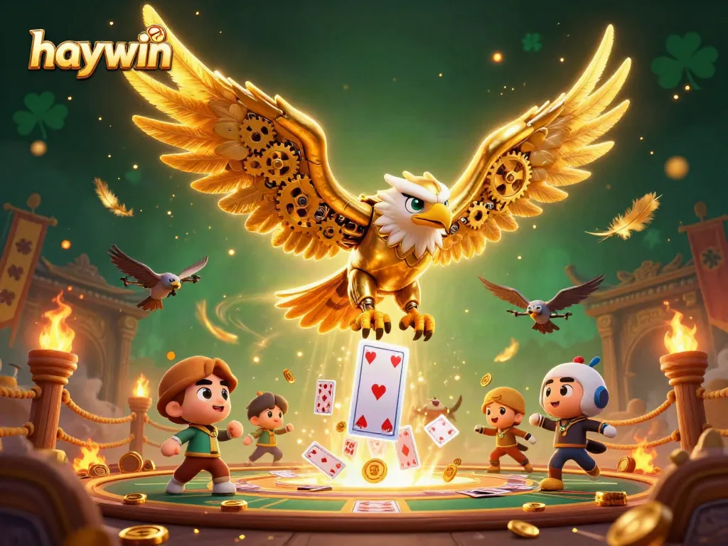 Engage with haywin's dynamic gaming scene featuring a golden eagle diving through playing cards in an elaborate casino
