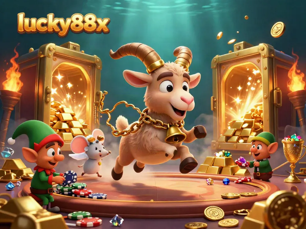 Engage in thrilling gameplay at lucky88x with a festive casino scene featuring a Krampus goat, angel mouse, and mischievous elf gremlins.