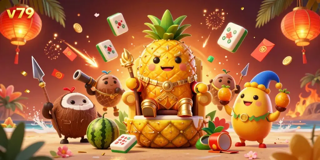 Experience exhilarating gaming at v79 with a golden pineapple king and vibrant casino elements.