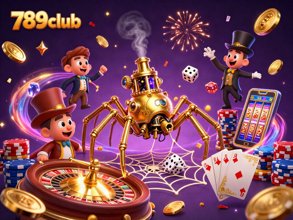 The 789club steampunk spider weaves golden chains while a Victorian fly enjoys the casino chaos.