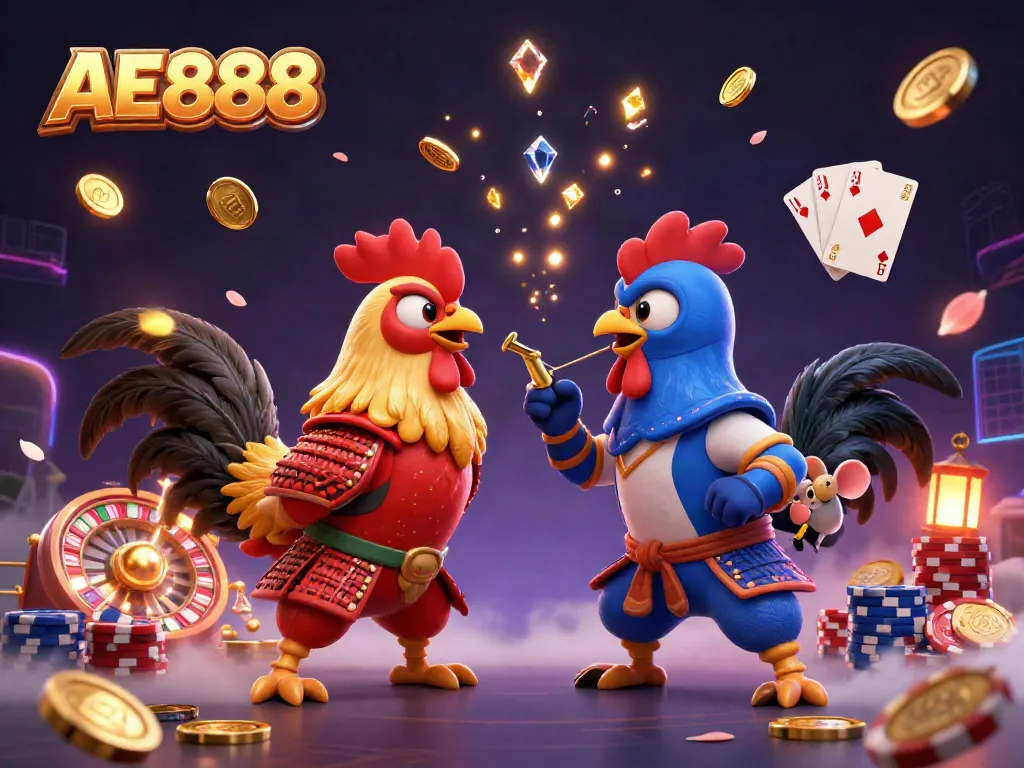 Engage in epic battles at AE888 with fighting roosters and vibrant casino elements.