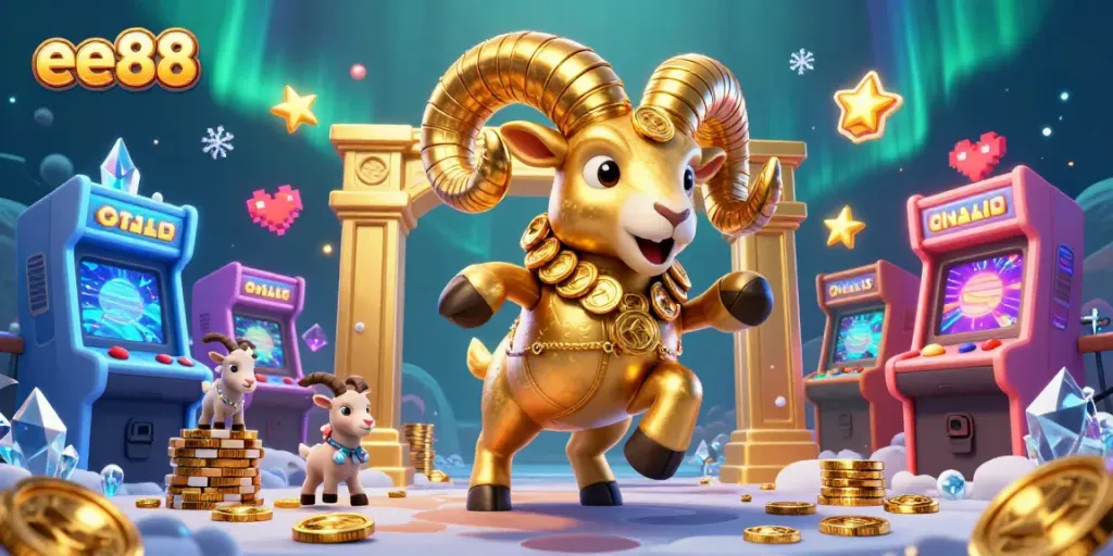 Experience thrilling gameplay with ee88's golden ram charging through colorful arcade styles in a casino-rich environment.