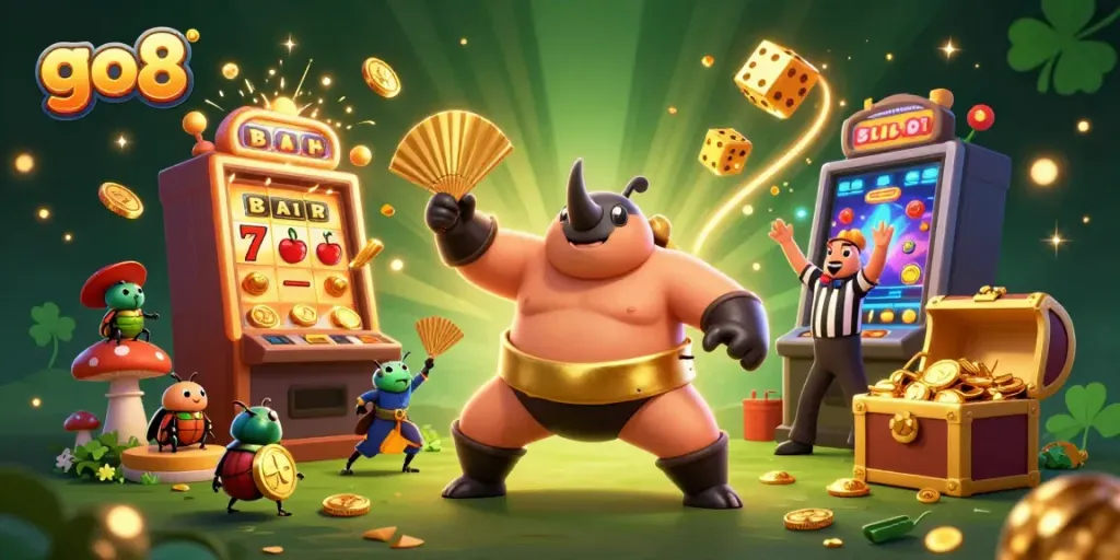 Engaging go8 illustration with vibrant characters and elements showcasing casino excitement and winning potential.