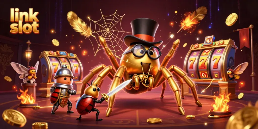 Engage with the vibrant link slot scene featuring a golden tarantula and beetle knight amidst dazzling slot game elements.
