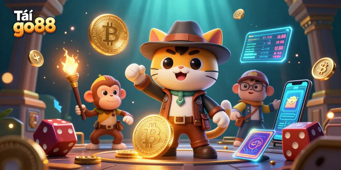 Tải go88 in an ultra-detailed scene with an archaeologist cat discovering casino treasures among vibrant cryptocurrency elements.