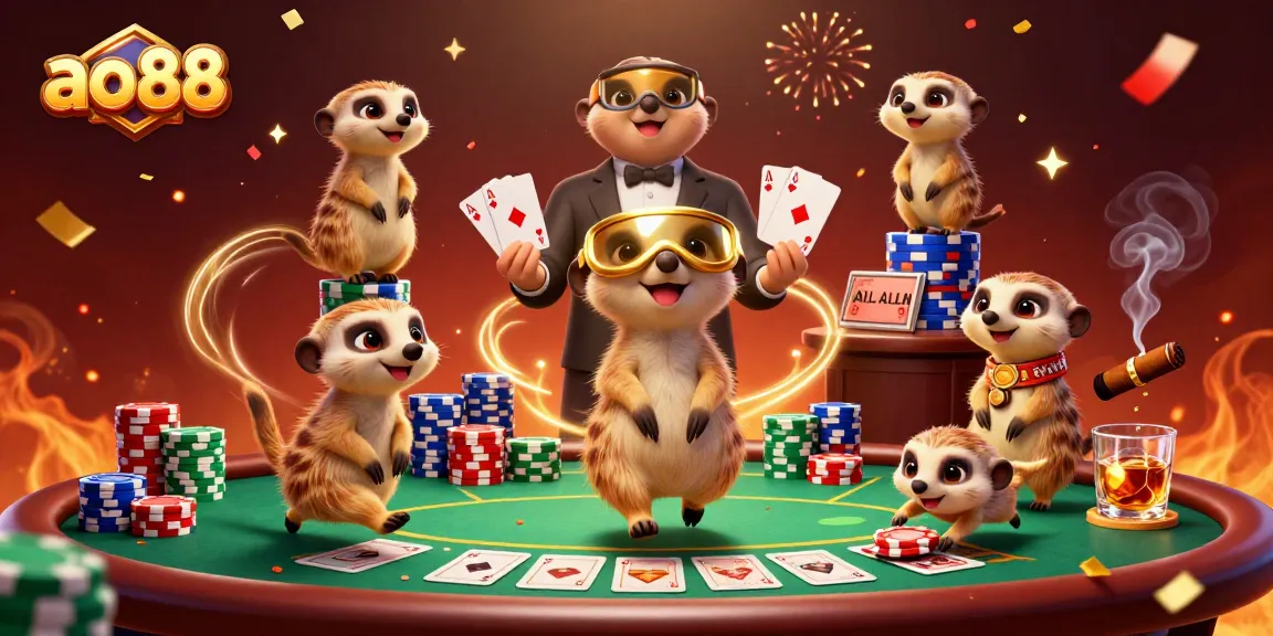 Experience exciting gaming action at ao88 with meerkats running a bustling casino operation.