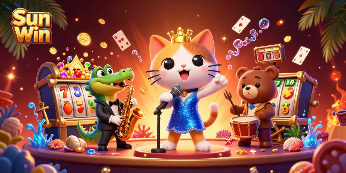 Engage in thrilling gameplay with Sun Win's vibrant casino atmosphere featuring a jazz-singer cat and friends.