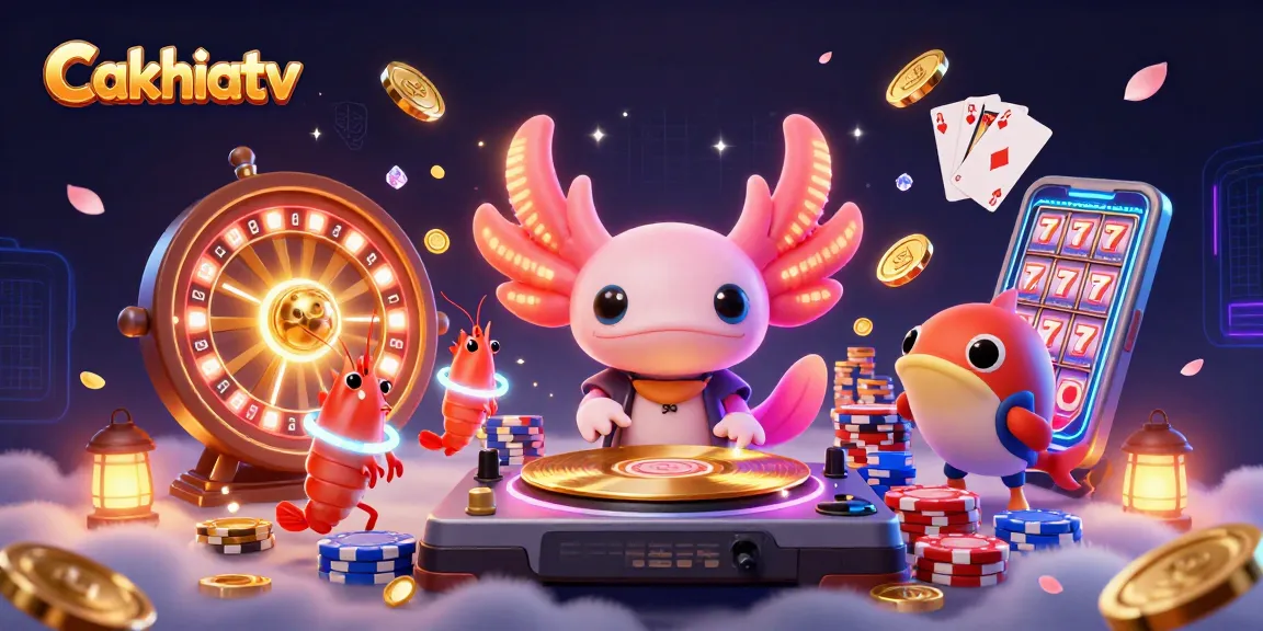 Cakhiatv showcases a vibrant casino scene with a neon axolotl DJ and dynamic characters creating an exciting atmosphere.