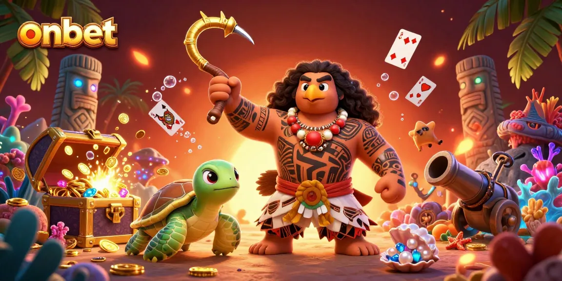 Experience onbet's vibrant casino world with a Polynesian demigod and turtle amid gems, cards, and treasure.