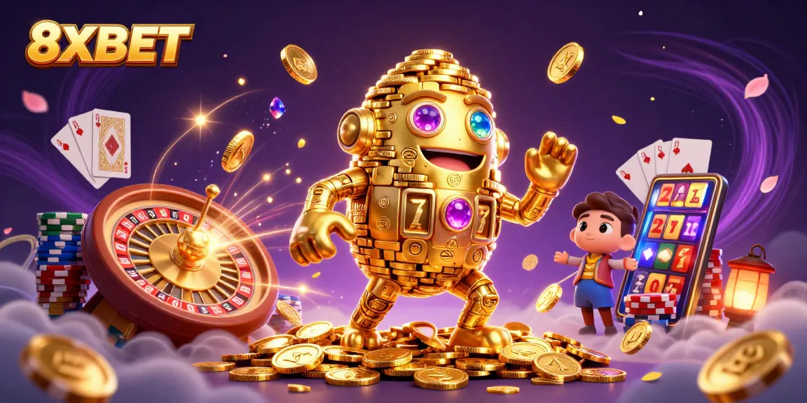 Experience exhilarating gaming with 8XBET's dynamic golden golem amidst vibrant casino elements.