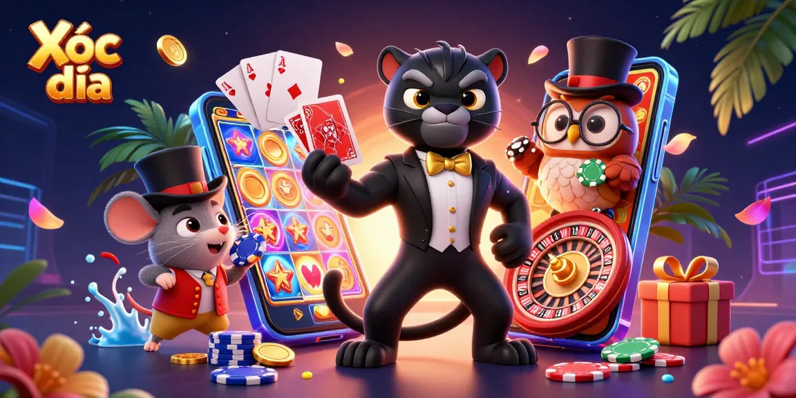 Xóc đĩa game scene showing a stylish panther dealing cards with an owl and mouse, enhancing the casino atmosphere.