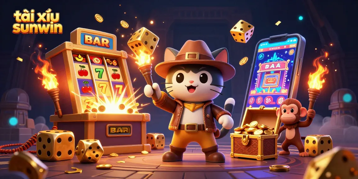 Experience the excitement of tài xỉu sunwin as the adventurous cat discovers golden treasures amidst vibrant casino elements.