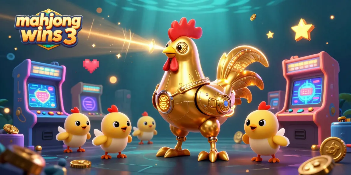 Experience the thrill of mahjong wins 3 with this dynamic scene featuring a golden rooster robot and arcade game elements.