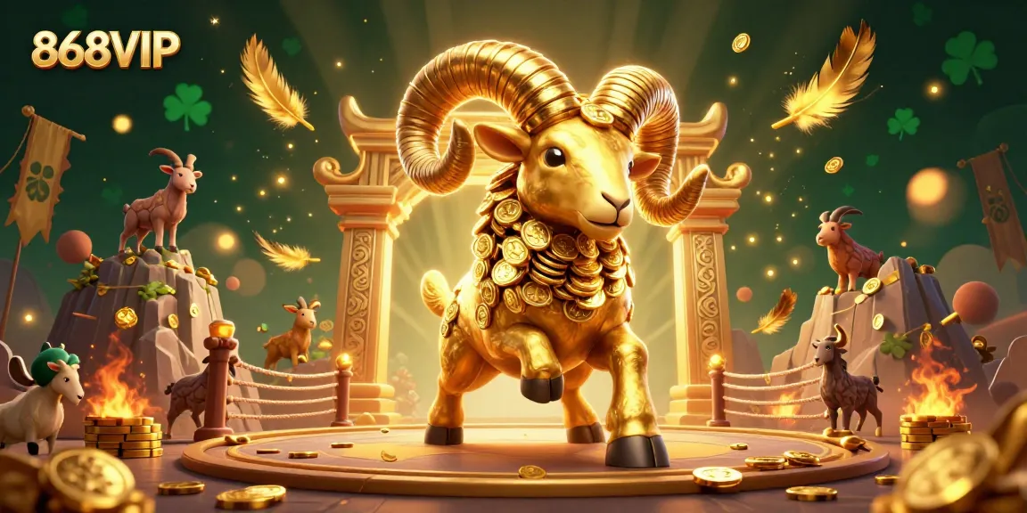 Engage with 868VIP in a vibrant casino atmosphere, showcasing a golden ram amidst swirling effects and dynamic gaming elements.