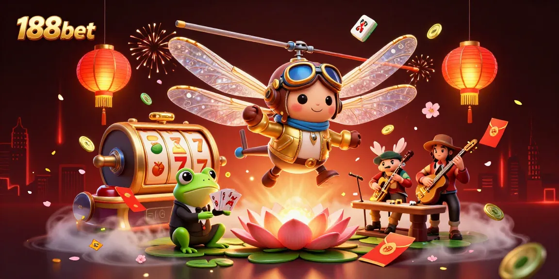 Engage in thrilling gameplay with 188bet at a vibrant lily pad casino with lively characters.