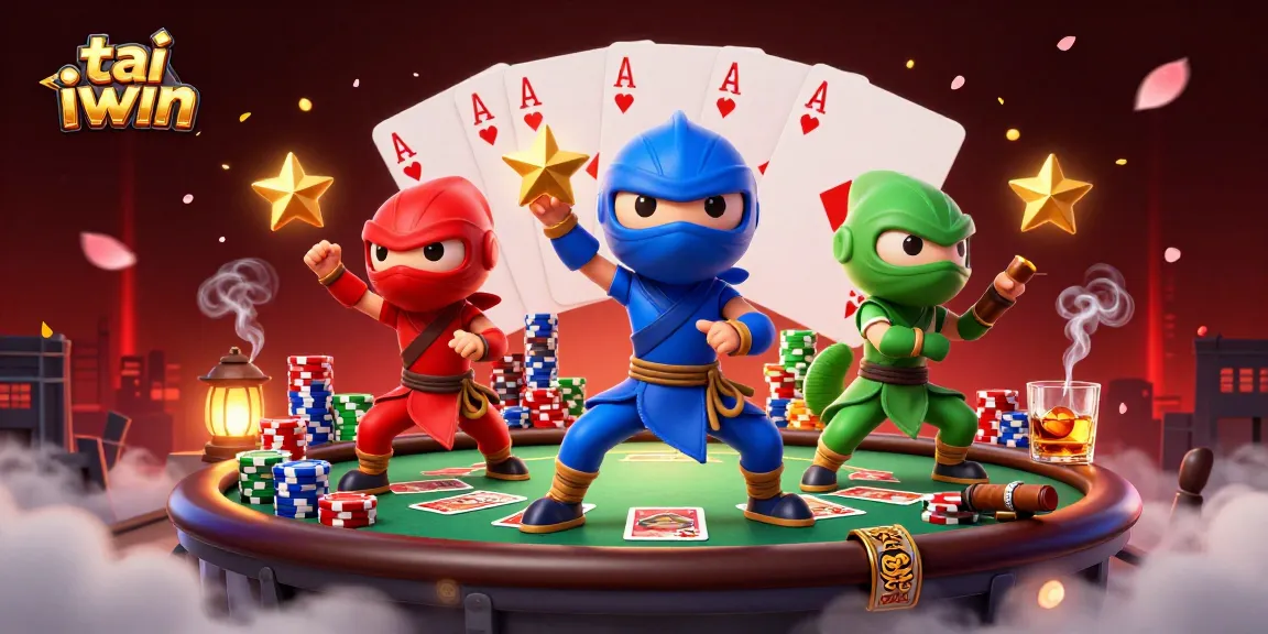 Engage with tai iwin thrilling action as ninja chameleons play poker amid dynamic casino elements.