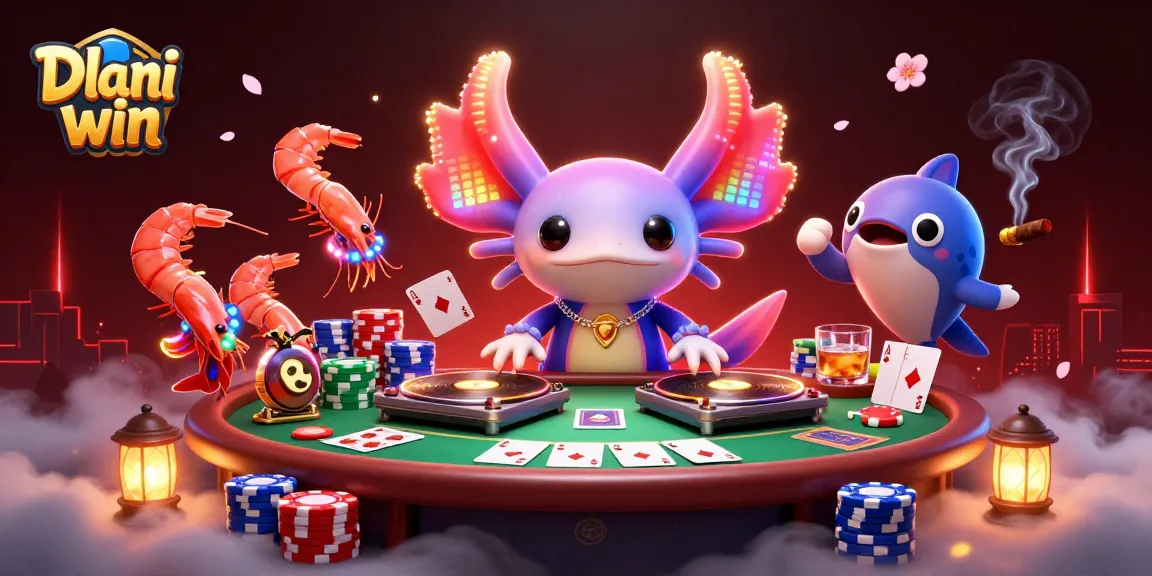 Dhani win showcases a lively gaming scene with vibrant characters engaging at a poker table.