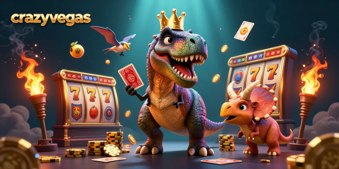 Engage with crazyvegas in an exciting 3D casino world with cartoon dinosaurs and dynamic slot elements.
