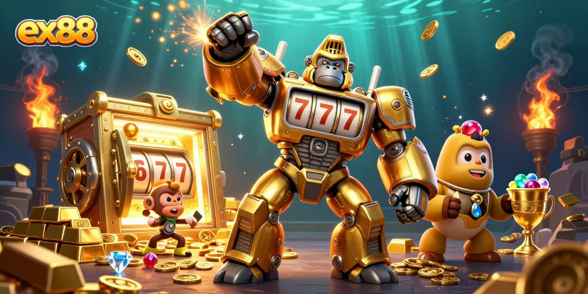 Experience the thrill of ex88 with a golden gorilla mech and dynamic casino elements illuminating the scene.