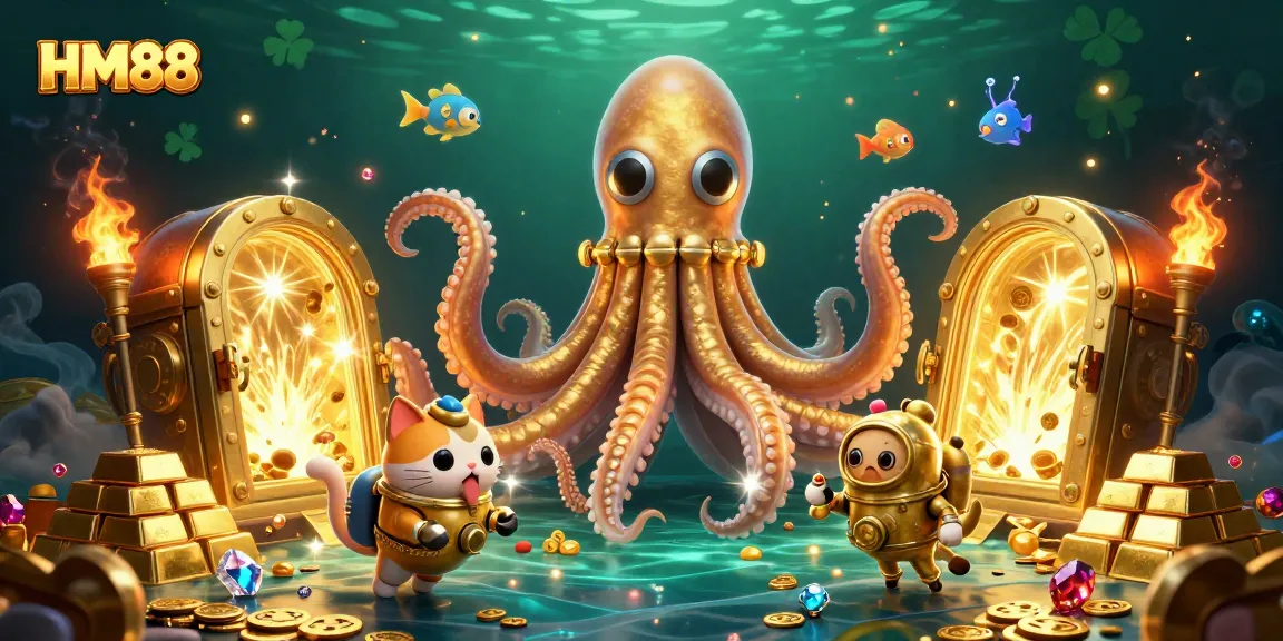 Experience the thrill of HM88 with a colossal kraken and treasures in a vibrant underwater casino scene.