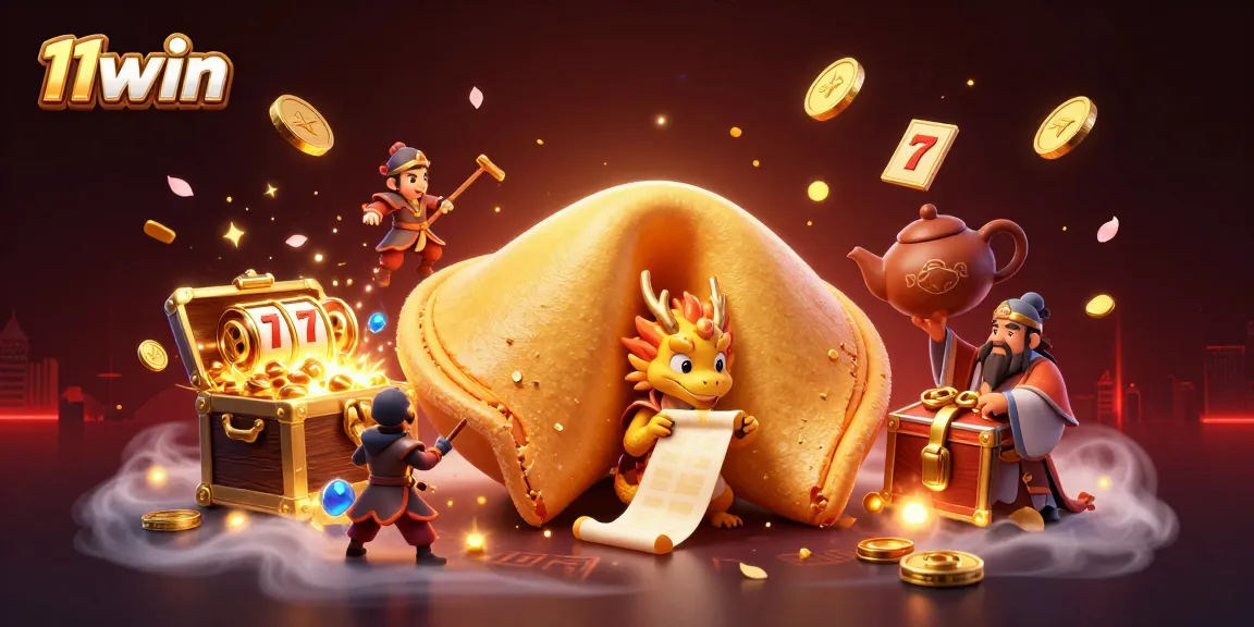 11win showcases vibrant slot designs with a golden fortune cookie and dragon in a dynamic casino scene.